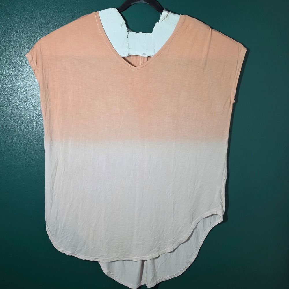 L Love Shrink Free Dip Dye Ombre Tunic Top Peach White V-Neck High Low Medium